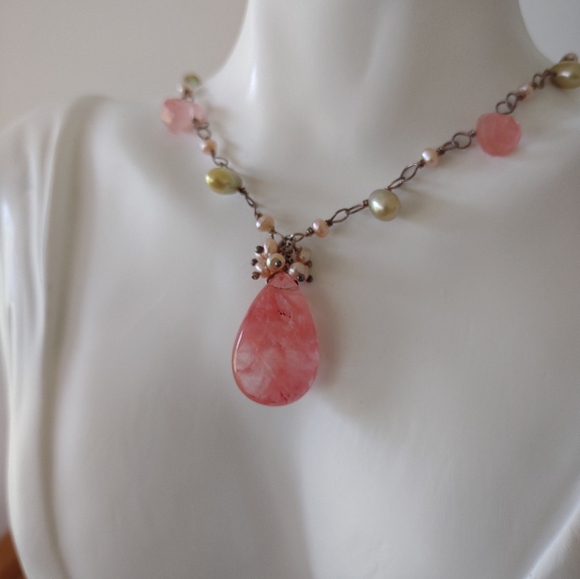 Cherry Quartz Freshwater Pearl Necklace - Picture 6 of 8